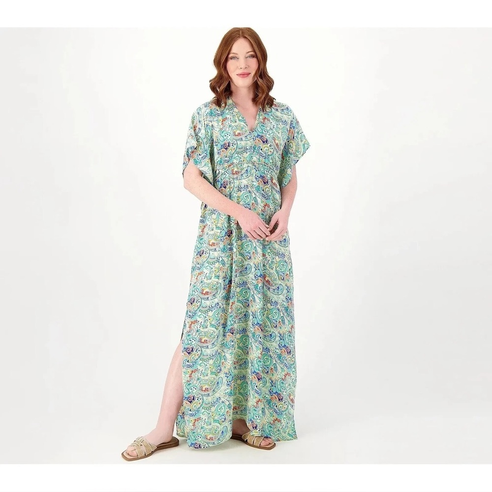 Tolani Collection Paisley Maxi Kaftan Green Paisley, Size Medium Resortwear